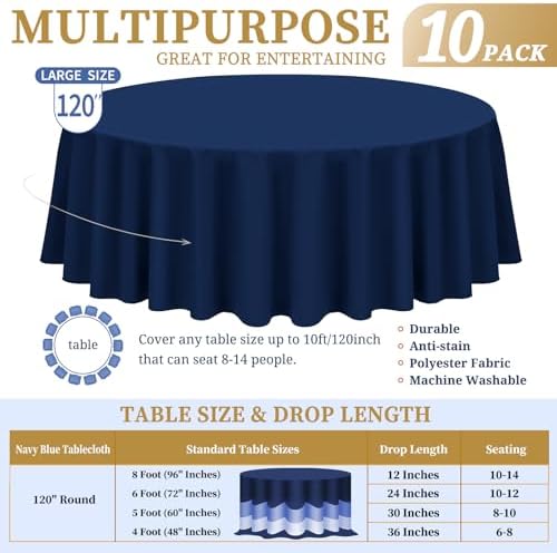 Showgeous 120 Inch Navy Blue Round Tablecloths, Polyester Table Covers - Image 2