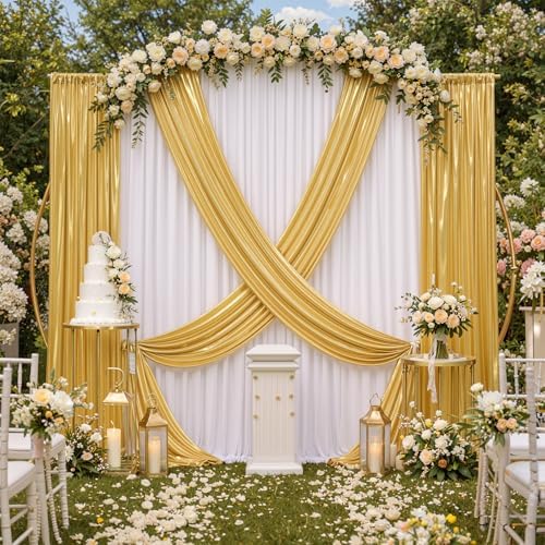 10ft×10ft Wedding Backdrop Curtain-White Drapes n Gold Sequin Curtains by ENJOYYOURPARTY