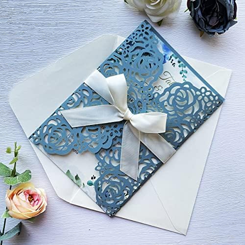 50Pcs Personalized Dusty Blue Wedding Invitations Cards Kits 5'' x 7.3'' Laser Cut Hollow Rose Flora Pocket with Envelopes for Wedding Bridal Shower Quinceanera Invite - Image 5
