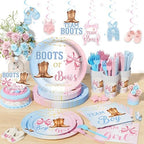 Boots or Bows Gender Reveal Party Supplies Tableware Set, 177 PCs Gender Reveal Table Decorations with Plates, Napkins, Forks, Banner, Tablecloths or Boys Or Girls Party Test Kit, Serves 24 - Image 5