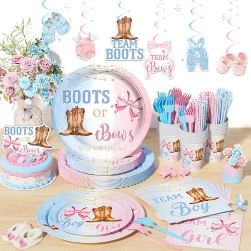 Boots or Bows Gender Reveal Party Supplies Tableware Set, 177 PCs Gender Reveal Table Decorations with Plates, Napkins, Forks, Banner, Tablecloths or Boys Or Girls Party Test Kit, Serves 24 - Image 5