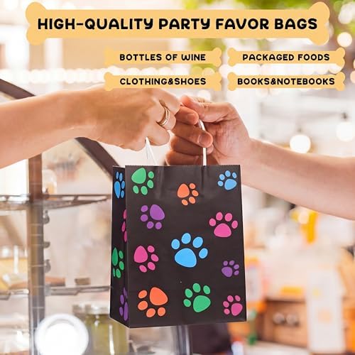 Tenceur 80 Pcs Dog Gift Bags Goodie Paw Puppy Paper Treat Bags Bulk with Handles 10.63 x 4.72 x 7.87 Inch Dog Themed Party Favors Shopping Holiday Kraft(Black Colorful) - Image 6