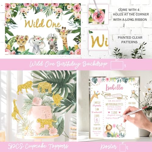 130 PCs Wild One Birthday Decorations Girl, Hombae Safari Jungle Theme 1st Birthday Party Backdrop Balloon Garland Leaves Monthly Photo Highchair Banner Box Cutout Crown Cake Cupcake topper Pink Gold - Image 5
