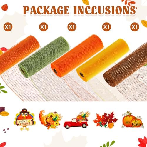 5 Rolls Fall Thanksgiving Mesh Ribbon and 5 Wood Signs, Orange - Image 2