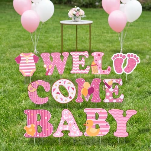 Waterproof Corrugated Plastic Welcome Baby Yard Signs - 13 Pack Lawn Decorations with Stakes - Durable Outdoor Party Decor for Gender Reveal or Baby Shower - Pink Girl - Image 2
