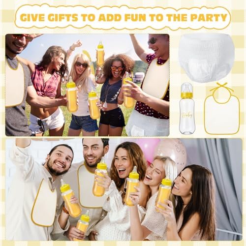 6 Sets Bottle Chug Baby Shower Games Juegos Para Plastic Baby Bottles Bibs Disposable Diapers Gender Reveal Games Baby Changing Diaper Race Game Decoration (Yellow) - Image 5