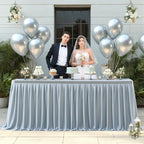 Partisky Gray Polyester Table Skirt for Rectangle Tables 14ft, Wrinkle Resistant Pleated Ruffle Table Cloth for Banquet Wedding Trade Baby Shower Display Gift Dining Table - Image 2