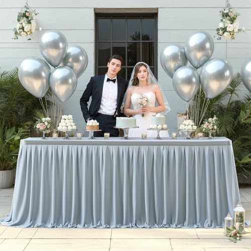 Partisky Gray Polyester Table Skirt for Rectangle Tables 14ft, Wrinkle Resistant Pleated Ruffle Table Cloth for Banquet Wedding Trade Baby Shower Display Gift Dining Table - Image 2