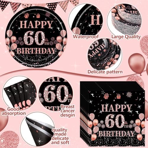 Funnymoom 452 Pcs 60th Birthday Party Decorations for Women, Black Rose Gold 60 Years Old Birthday Paper Plates Cups Napkins Tableware Set, Disposable Party Supplie for 50 Guests - Image 3