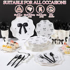 Ziliny 350 Pcs Bow Black Party Supplies Tableware Set Disposable 9'' 7'' Paper Plates 9 oz Cups Cutlery Napkins Dinnerware Set for 1st Birthday, Serve 50 (Bow, Black) - Image 5