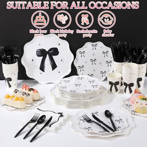 Ziliny 350 Pcs Bow Black Party Supplies Tableware Set Disposable 9'' 7'' Paper Plates 9 oz Cups Cutlery Napkins Dinnerware Set for 1st Birthday, Serve 50 (Bow, Black) - Image 5
