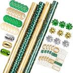 WRAPAHOLIC Green Christmas Wrapping Paper Set - Green and Gold Metallic Foil Shine Christmas Wrapping Paper Bundle with Gift Bow & Ribbon & Tag & Sticker by WRAPAHOLIC