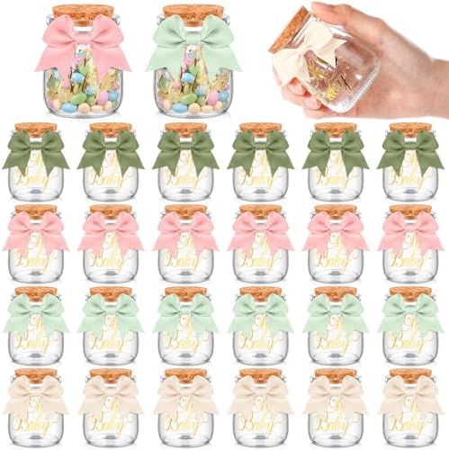 Funnymoom 24 Sets Baby Shower Bottles Favors for Guests Glass 100 ml Milk Jar with Ribbons and Stickers Decorations for Gender Reveal Newborn Centerpiece Party Favor (Soft Pastel,Baby) by Funnymoom