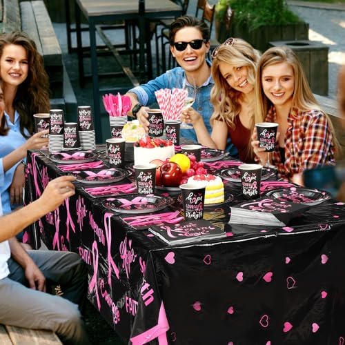 Funnymoom 452 Pcs Breast Cancer Awareness Decoration Black Pink Cure Faith Love Paper Plates Napkins Cups Tablecloth Cutlery Straws for Breast Cancer Awareness Month Women Charity Activities Supplies - Image 5