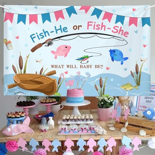 AIBIIN Fishing Gender Reveal Backdrop Blue and Pink Fish He Or Fish She What Will Baby Be Photography Background Ocean Boy or Girl Gender Reveal Party Banner Photo Prop 8x6ft - Image 5