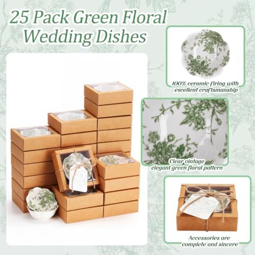 Teenyyou 25 Pack Wedding Favors for Guests Small Ceramic Bowls Bulk Gifts Set 3.3 Inch Sage Green Verdure Design Mini Dipping Bowl Sauce Dish with Cards Box for Party Shower Favor Souvenir - Image 3