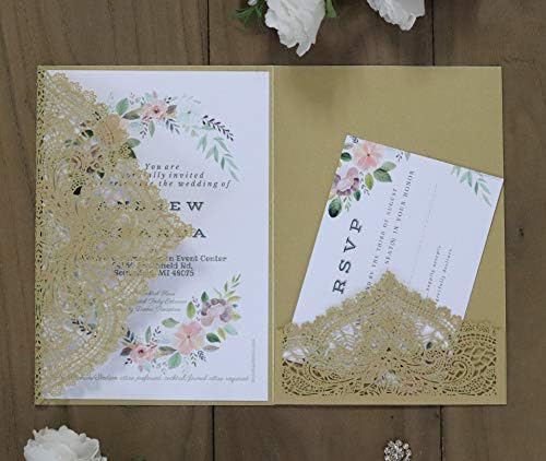 20Pcs Laser Cut Pocket Wedding Invitation Covers, 4.9×7 Inch Trifold Lace Floral Invitation Sleeves with Envelopes (Cream Gold, 20 Pcs Blank) - Image 3