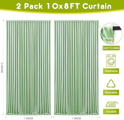 Wokceer Sage Green Backdrop Curtain Drapes for Parties, 2Pack 10x8FT - Image 2