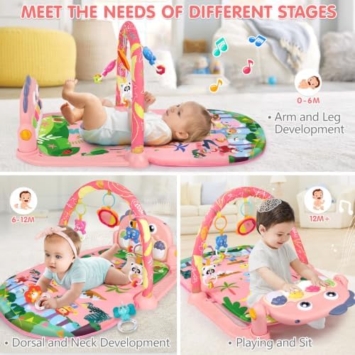 UMIKU Baby Play Mat Tummy Time Mat Gym Girl Activity Center, Pink Dinosaur - Image 3