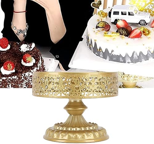 Vintage Golden Cake Stand, Round Metal Dessert Display Plate, Small, Elegant Carved Design for Weddings and Parties - Image 3
