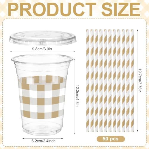 Sliner 50 Sets 16oz Khaki White Gingham Party Plastic Cups - Image 3