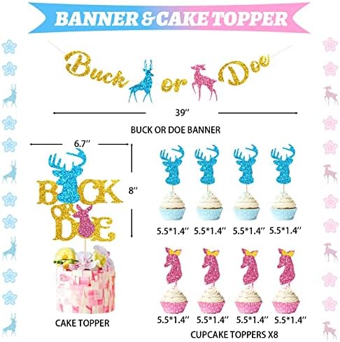 Hombae Buck or Doe Gender Reveal Decorations, 169 PCs Boy or Girl Gender Reveal Decorations Backdrop Balloon Garland Banner Tablecloth Cake Cupcake Topper Box Cutout Poster Sash Blue Pink - Image 3