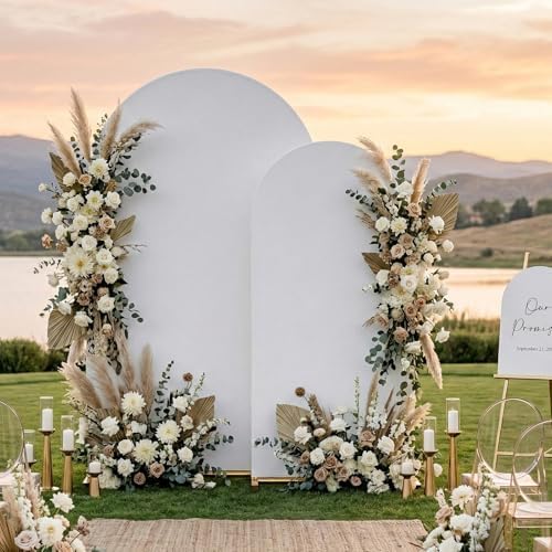 Arch Backdrop Stand with Cover Set, 7.2FT,6FT Gold Metal Wedding Arch for Ceremony, Heavy Duty Balloon Arch Stand with White Spandex Cover for Birthday Party, Baby Shower, Graduation by CLUDPARK