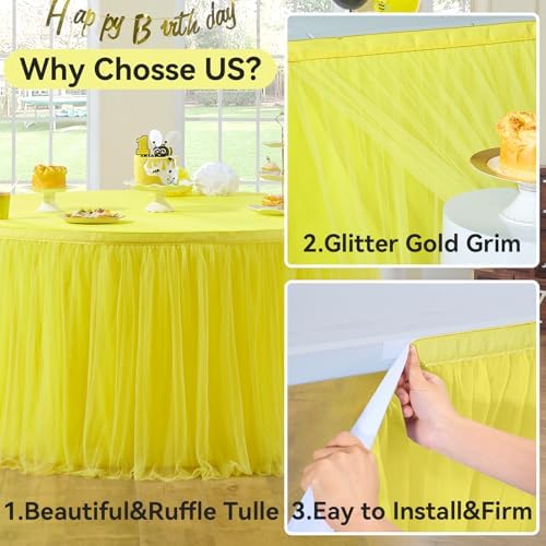 108in Yellow Tulle Table Skirts for Rectabgle Tables 6/8/4ft, 2-Layer Gold Grim Ruffle Tulle Tutu Cloth Table Skirt 9ft Decor Bee Themed Birthday Party Wedding Baby Shower Cake Dessert(No Table Cover) - Image 4