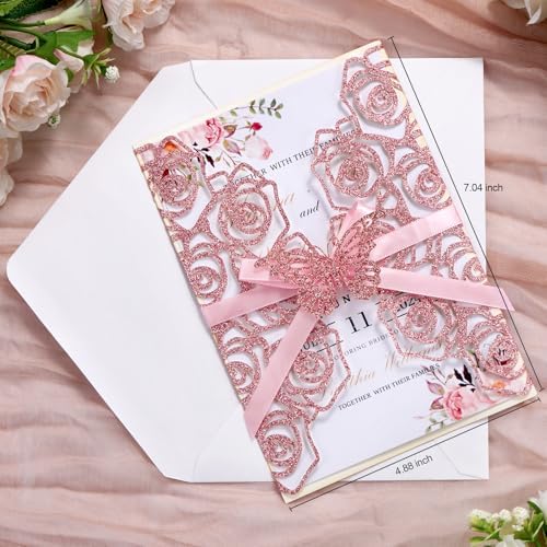 50Pcs Pink Butterfly Wedding Invitations with Envelopes and Rsvp Cards - Image 3