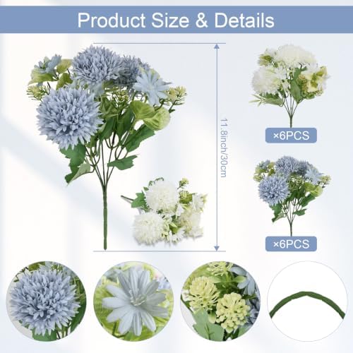 Dusty Blue White Artificial Flowers 12 Bundles Silk Floral with Stem - Image 2