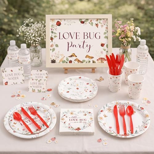 LemonRoad 175 Pcs Little Love Ladybird Party Supplies, Garden Floral Disposable Tableware Set for 25 Guests, 9" Plates, 7" Dessert Plates, Cups, Napkins and Red Cutlery for Baby Shower Birthday - Image 4