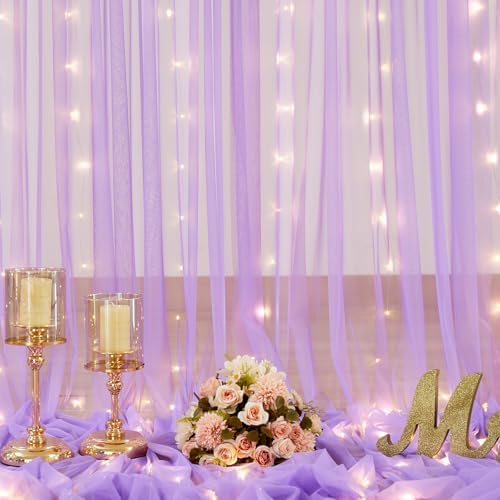 Lavender Sheer Backdrop Curtain with Led Lights for Baby Shower Girls Wedding10ft X 10ft Lavender Tulle Backdrop Curtain for Bridal Shower Birthday Party Photoshoot Arch Background Decorations - Image 6