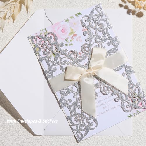 50Pcs Glitter Laser Cut Wedding Invitation Cards with Envelope Silvery - Image 4