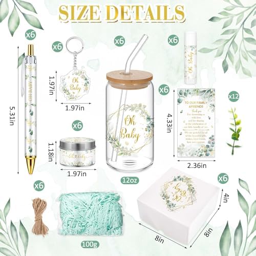 Hoolerry 6 Sets 72 Pcs Baby Shower Prizes for Game Favors Include Glass Cups Baby Shower Winners Present Box Lipstick Pen Candle Keychain Guests Wedding Gift(Greenery) - Image 2