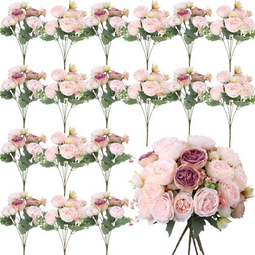 Geosar 24 Bundles Artificial Peonies Flowers,Dusty Rose, Champagne Pink by Geosar