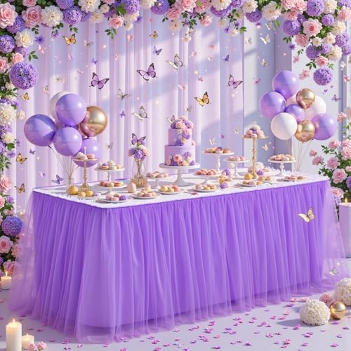 PARTISKY 17FT Length Purple Tulle Table Skirt for Rectangle Tables 2-Layer Ruffle Tulle Tutu Cloth Desk Table Skirt for Baby Shower Girl Birthday Party Wedding Cake Dessert Decorations - Image 2