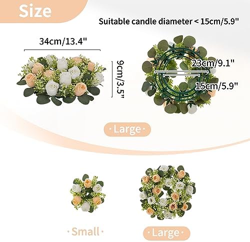 NUPTIO Flower Candle Rings Centerpieces: 13.4 Inch Champagne & White Artificial Rose Wreath for Wedding Party Christmas Decorations - Spring Summer Front Door Porch Decor 2 Pcs - Image 4