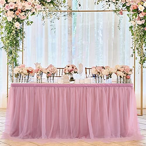 167in Dusty Rose Tulle Table Skirt for Rectangle Tables 6/8ft, 2-Layer Gold Grim Blush Pink Ruffle Tulle Tutu Cloth Table Skirt 14ft for Wedding Birthday Party Baby Shower Dessert(No Table Cover) - Image 4