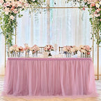 108in Dusty Rose Tulle Table Skirt for Rectangle Tables 6/4ft, 2-Layer Gold Grim Blush Pink Ruffle Tulle Tutu Cloth Table Skirt 9ft for Wedding Birthday Party Baby Shower Dessert(No Table Cover) - Image 4