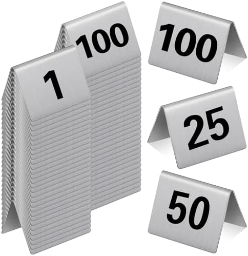 Wenqik 100 Pack Stainless Steel Table Numbers 1-100, 2 x 1.6 Inch Double Sided Tent Style Number Signs Tabletop Display Cards for Wedding Reception, Restaurant, Party, Cafe and Event Seating by Wenqik