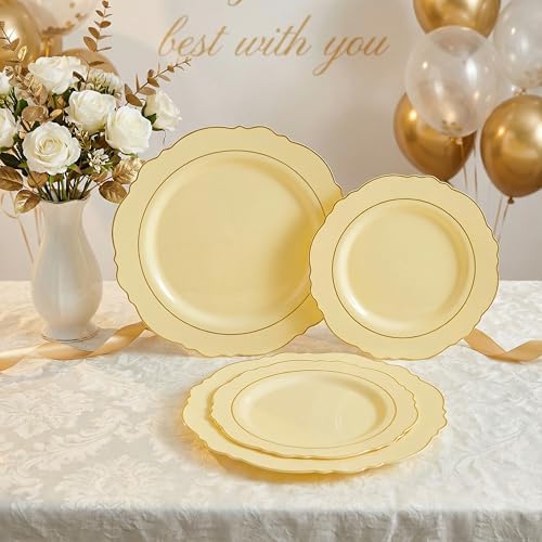 Liacere 350PCS Yellow Plates - Yellow Disposable Plastic Plates With Gold Rim-50Guest Plastic Dinnerware include 100 Plates,50 Pack Pre Rolled Napkins with Silverware 50Cups for Wedding＆Party - Image 6