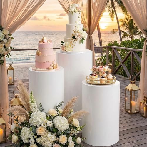 HAISIWLKJ 3PCS Cylinder Pedestal Stands for Parties, White Metal Round Cylinder Plinths Dessert Table Display Pillars for Birthday Wedding Bridal Baby Shower Party Decorations(Large) - Image 3