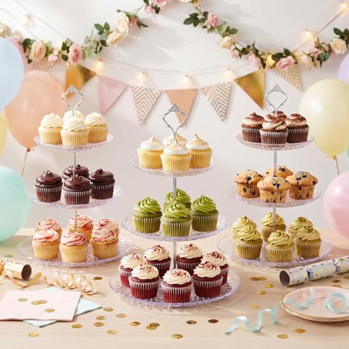Patelai 8 Packs 3 Tier Acrylic Cake Stand with Round Holder 3 Tier Serving Tray Acrylic Crystal Cupcake Stand Holder for Home Wedding Birthday Baby Shower Tea Party Favors(Clear, Silver Crown) - Image 2