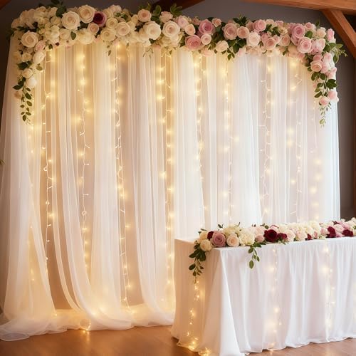 20×10ft White Tulle Backdrop Curtain with Lights String for Parties, Sheer Photo Backdrop Curtains for Wedding Ceremony Birthday Party Bridal Shower Decoration - Image 2