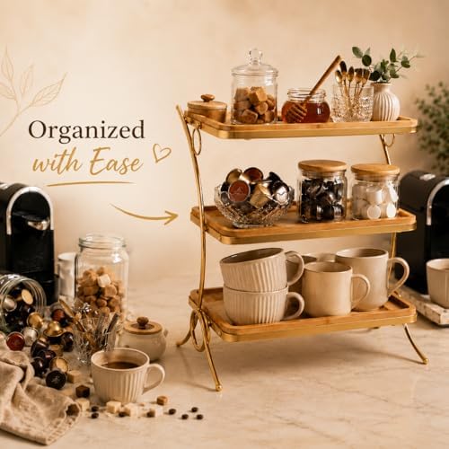 Wooden 3 Tier Serving Stand- Bamboo & Gold Tiered Dessert Tray for Party, Cupcakes, Cake Display, Wedding Reception, Food Serving Platter - Image 3