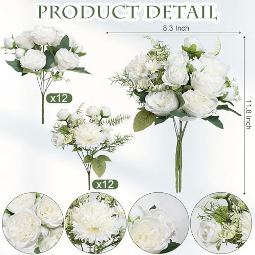 Peonies Artificial Flowers Bulk, 24 Bundles - Ivory White - Image 2