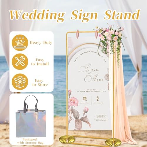 Wedding Welcome Sign Stand, Adjustable Black Welcome to our Wedding Sign Holder Metal Easel with Design Bundle, Leather Hanging Straps, Water Bag and Ribbon, Party Poster Display - Image 5