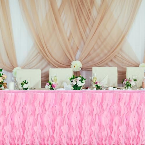 MECCANIXITY 14ft Pink Tutu Table Skirt, Tulle Curly Willow Table Skirt for Rectangle Tables, Ruffle Table Skirt for Birthday Wedding Gender Reveal Party - Image 4