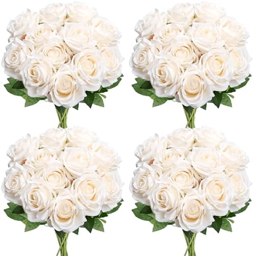 48 PCS Champagne Roses Artificial Flowers, Silk by DIYDOFUN