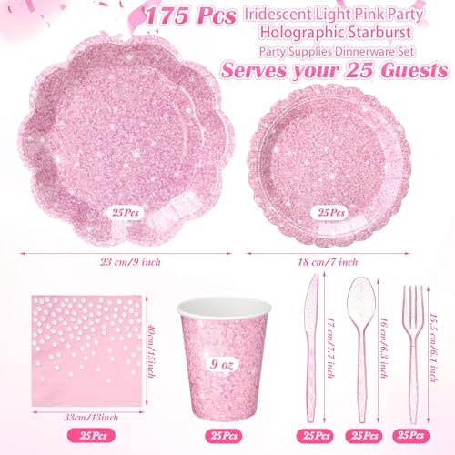 Hushee 175 Pcs Light Pink Party Supplies 25 Guests Holographic Print Disposable Dinnerware Include Scalloped Plates, Napkins, Paper Cups, Plastic Cutlery for Kpop Disco Birthday Baby Shower Wedding - Image 2
